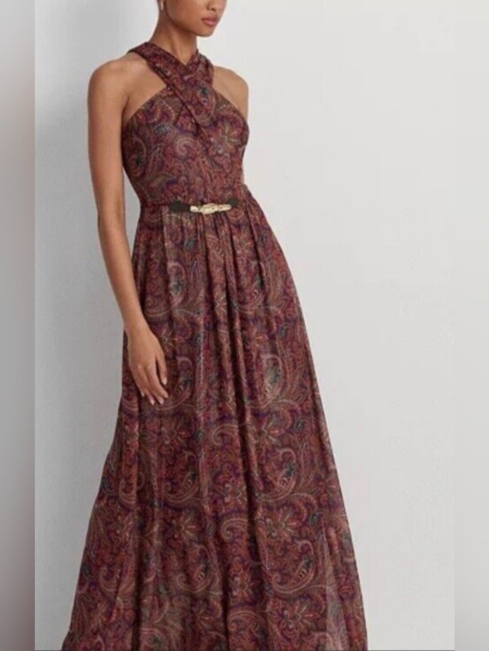 NWT Lauren Ralph Lauren Paisley Metallic Chiffon Halter Maxi Dress in Burgundy